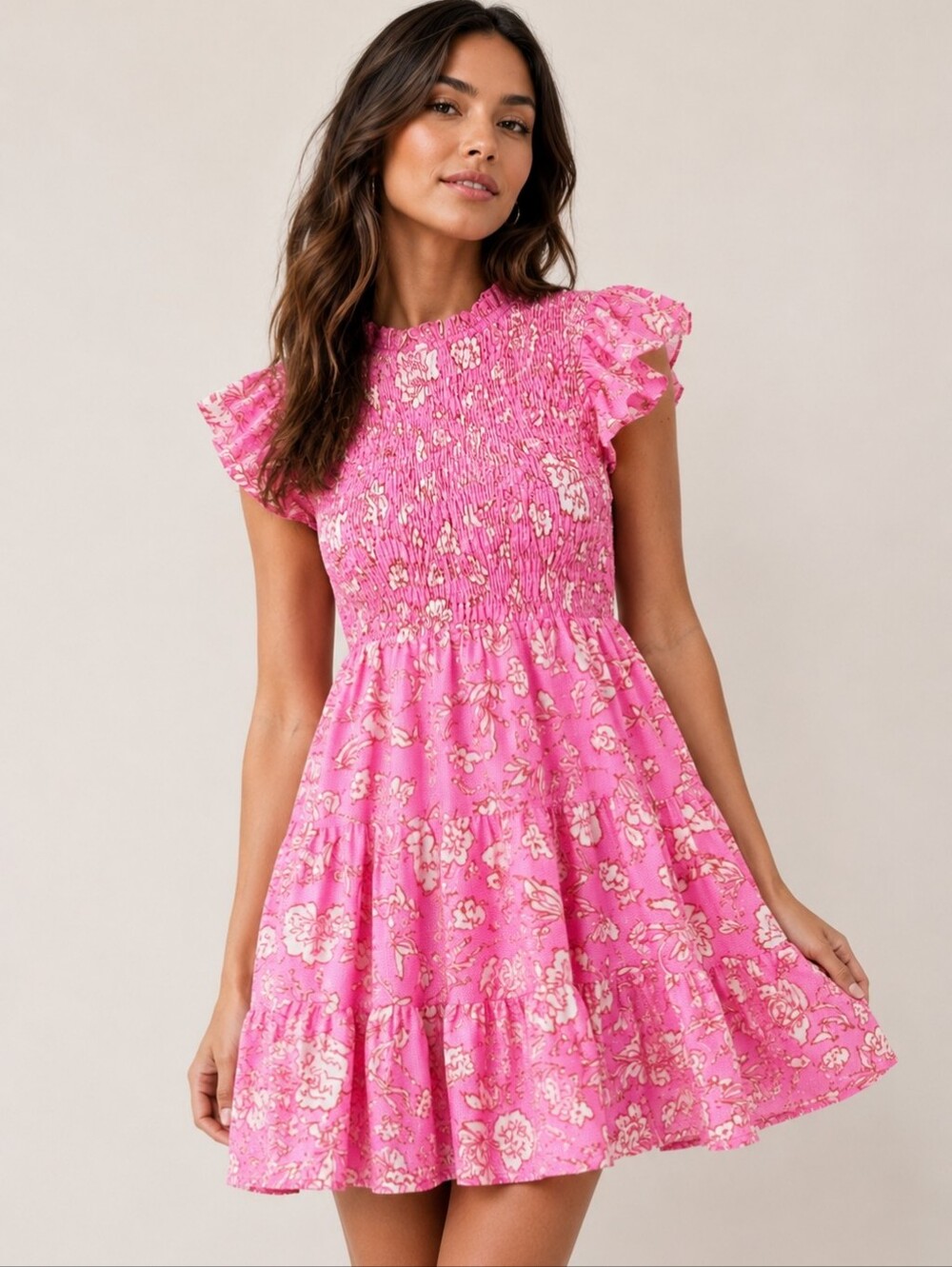 NWT J.MARIE Rosie Ruched Mini Dress Tiered Pink Floral Flutter Sleeve Medium